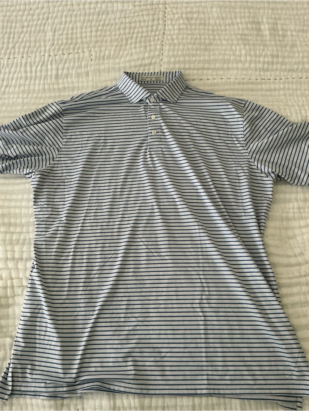 Men's Short-Sleeve White Polo with Navy Stripe